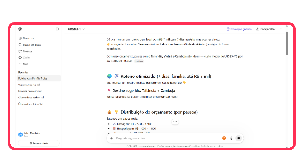 Interface do ChatGPT mostrando resposta sobre roteiro de viagem para a Ásia