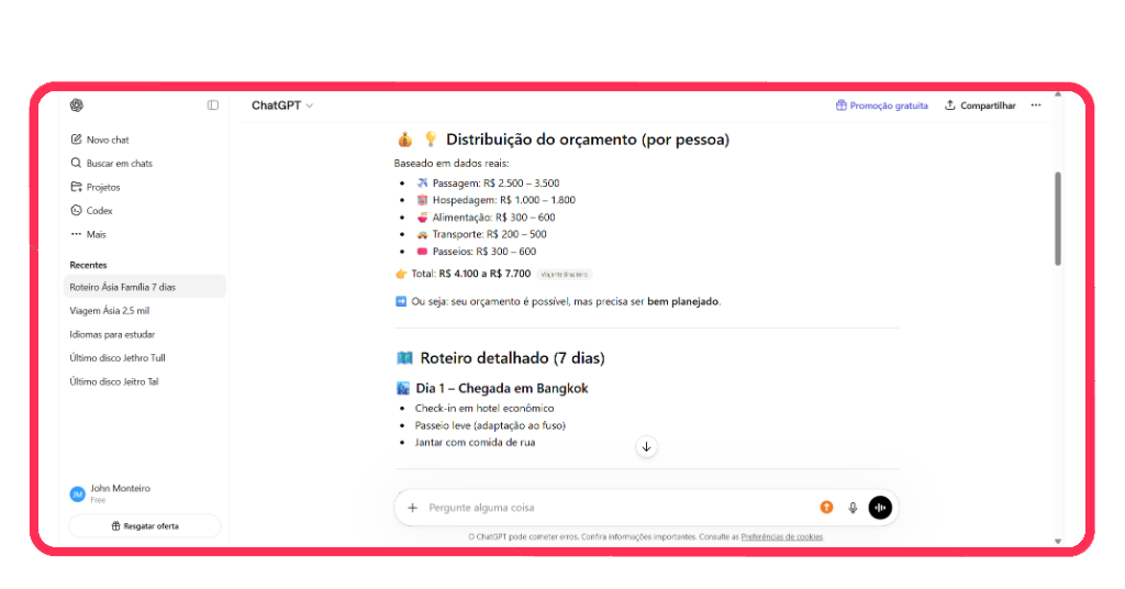 Tela do ChatGPT com sugestões detalhadas de roteiro e transporte