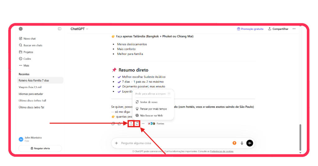 Opções de compartilhamento e refazer no ChatGPT