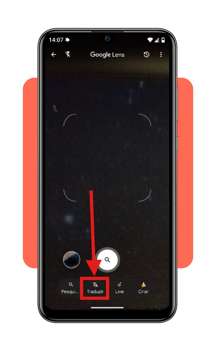Interface do Google Lens mostrando a opção Traduzir no menu inferior