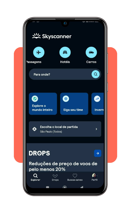 Tela de pesquisa de pacotes no aplicativo Skyscanner