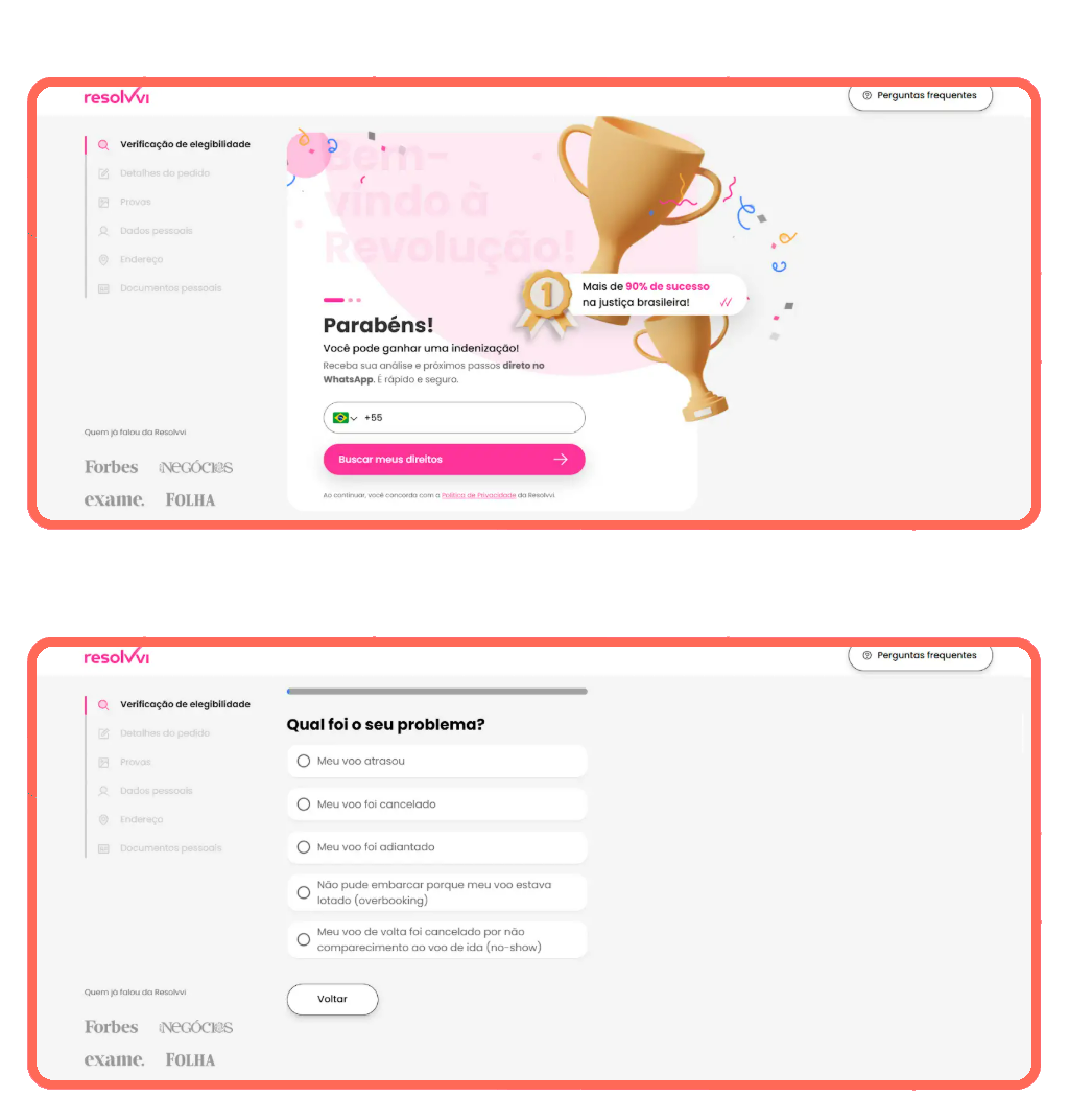 Formulário de descrição do problema com voo na plataforma Resolvvi