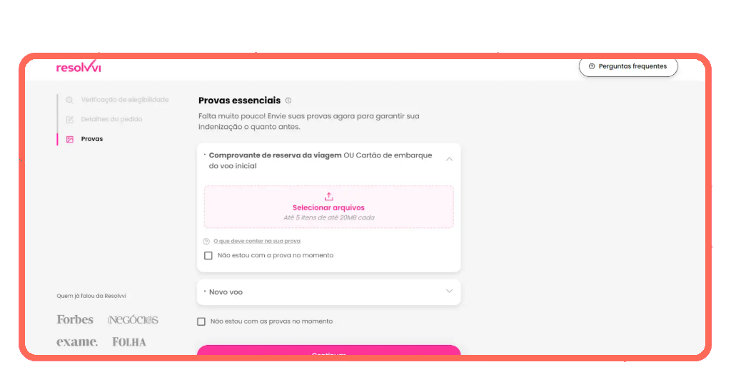 Área para envio de documentos comprovando problemas com voo