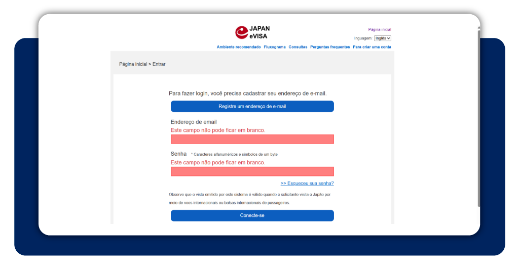 Tela inicial do e-Visa Japão com opção de registro de e-mail