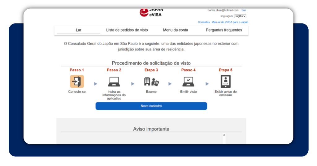 Formulário de solicitação de visto preenchido com dados pessoais e de viagem