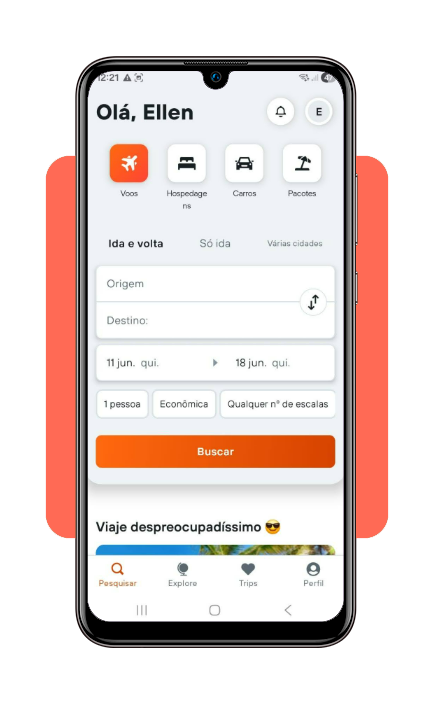 Interface do KAYAK para definir origem e destino da viagem