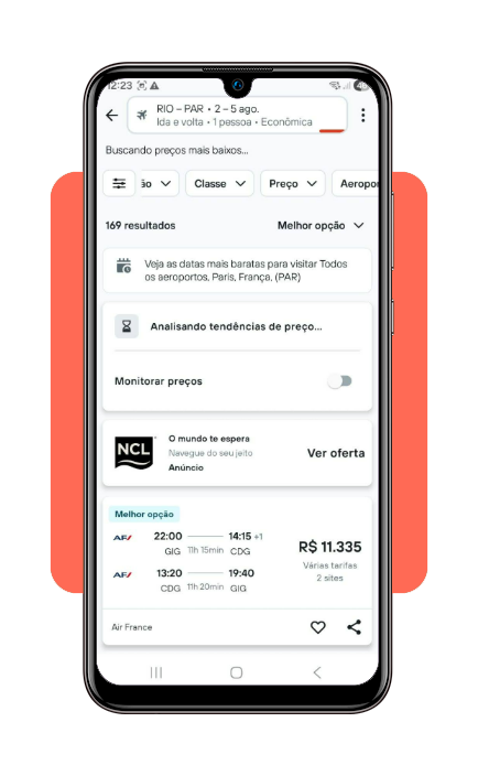 Função de monitorar preços ativada no aplicativo KAYAK