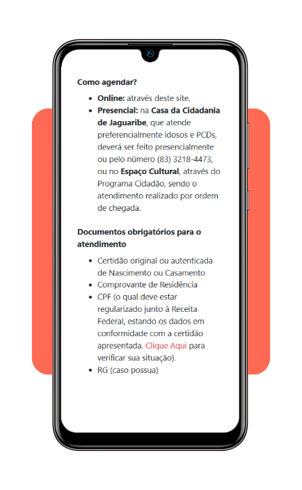 Tela de agendamento de atendimento para emissão de identidade