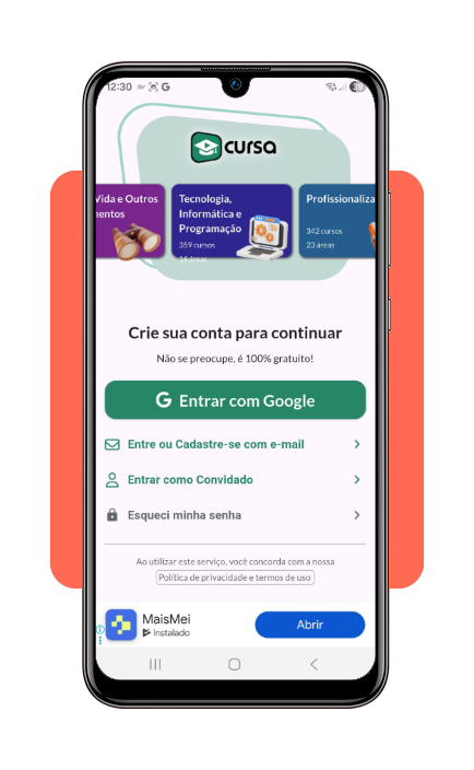 Tela de criação de perfil no app Cursa