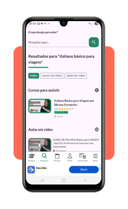 Busca pelo curso de italiano no app Cursa