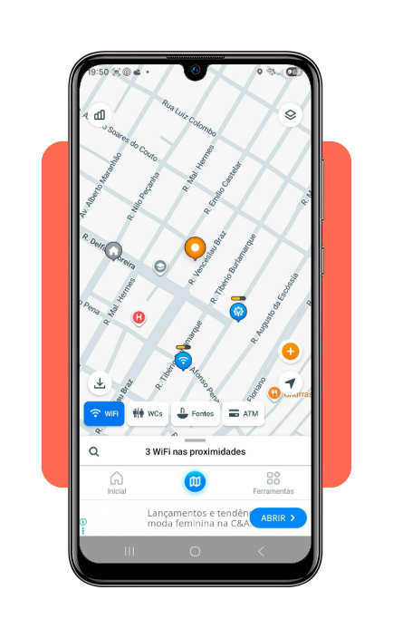 Interface do WiFi Map mostrando como se aproximar de uma rede Wi-Fi selecionada