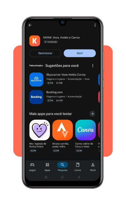 Tela de download do app KAYAK na loja de aplicativos