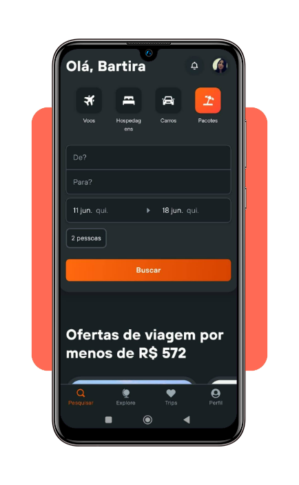 Tela de busca de pacotes no app KAYAK