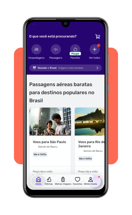 Tela inicial do aplicativo Decolar mostrando a opção Pacotes