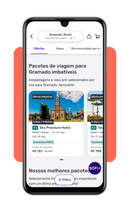 Tela de resultados de pacotes para Gramado no aplicativo Decolar