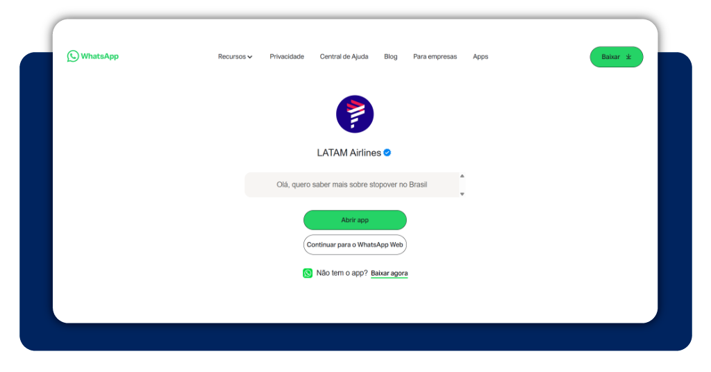 Tela do WhatsApp mostrando como entrar em contato com a LATAM Airlines