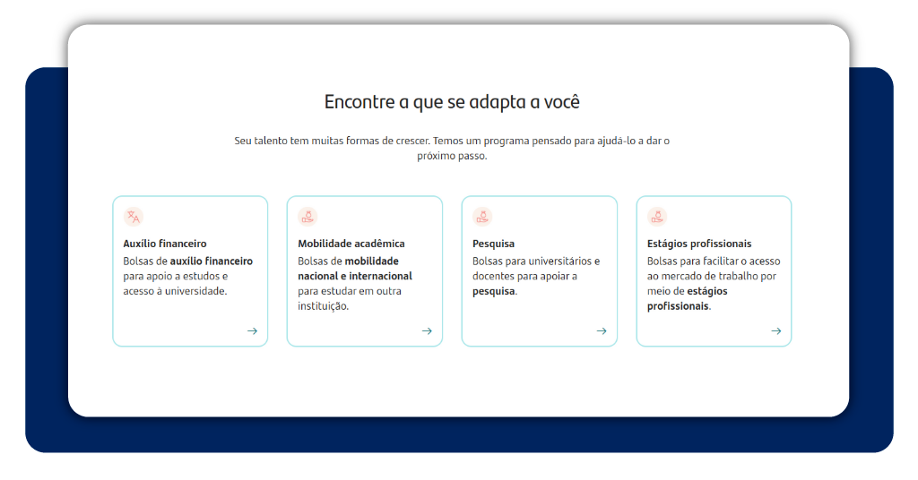 Plataforma do Santander Open Academy mostrando as categorias de bolsas disponíveis