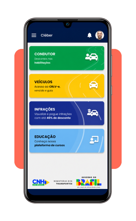 Tela de navegação no aplicativo CNH do Brasil mostrando as opções de condutor e habilitação
