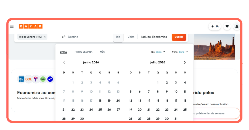 Calendário do KAYAK para seleção de datas de hospedagem em Natal