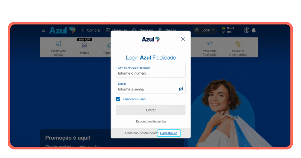 Passo 1 do cadastro no Azul Fidelidade - acesse o site ou app