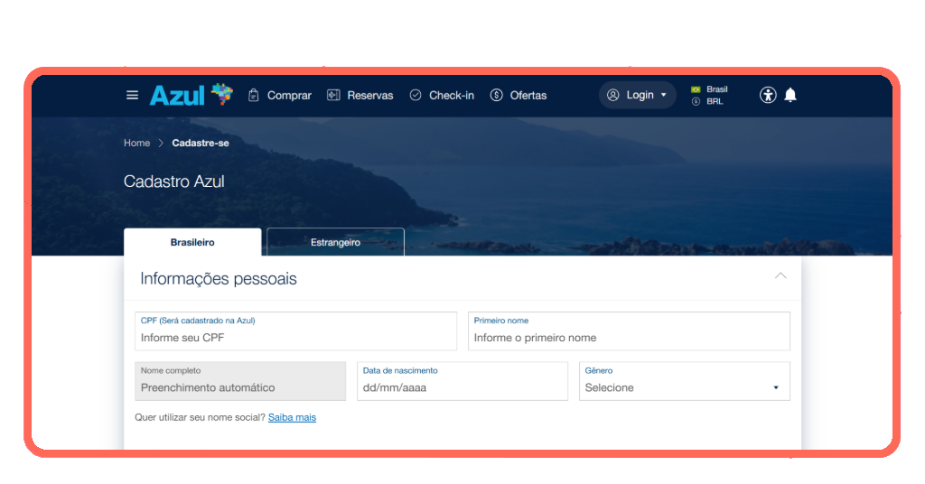 Passo 2 do cadastro no Azul Fidelidade - preenchimento de dados pessoais